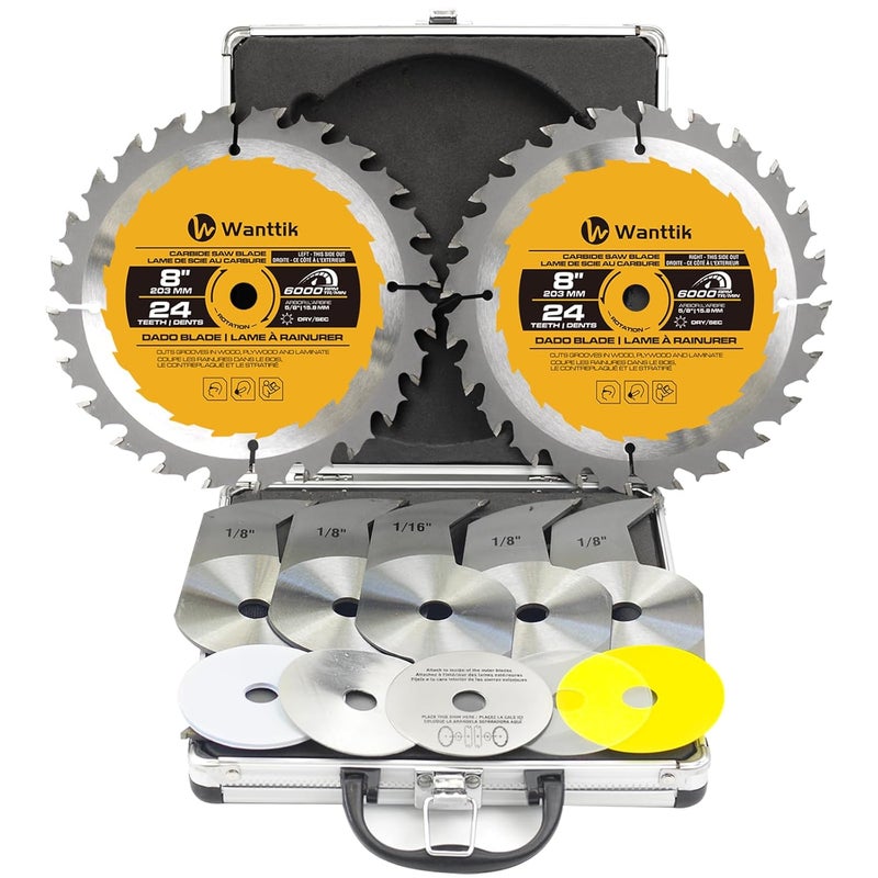 WANTTIK Dado Blade Set, 8 Inch Stacking Dado Blade, 24-Tooth with 5/8-Inch Bore - 23 Pieces for Cutting Various Wood, Plastic and Composite Materials - Image 1